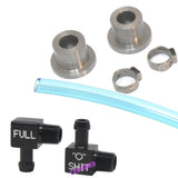 FUEL SIGHT GAUGE KIT WITH BLACK ANODIZED ELBOW FITTINGS WITH INDICATOR TEXT-WITH BLUE HOSE