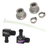 FUEL SIGHT GAUGE KIT WITH BLACK ANODIZED ELBOW FITTINGS WITH INDICATOR TEXT-BLACK WITH CLEAR HOSE