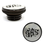 Speed Dealer Harley Davidson Gas Cap with Gas Lettering Black Anodized Letters with polished background