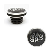Speed Dealer Harley Davidson Gas Cap with Gas Lettering Polished lettering Black Anodized Background