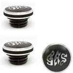 Speed Dealer Harley Davidson Gas Cap with Polished Gas Lettering Black Anodized Background