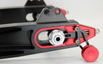 Speed Dealer Customs FXR Swingarm - Black Anodized Arms with Red Anodized Accent Components Close Up of Stainless Steel Nut