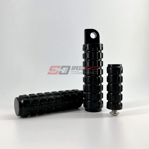 Speed Dealer Customs MK2 Grenade Design Foot Peg Set with Singe Toe Peg - Black Anodized