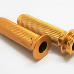 CNC machined from 6061-T6 Aluminum, gold anodized finish For 7/8 Inch Handlebars I.D. of the grips has been bored not drilled for smooth performance Set screws are included for installation Fits Triumph Thruxton 2004-2008