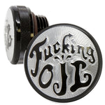motorcycle oil cap black font lettering for custom choppers with a 1-5/16 inch thread